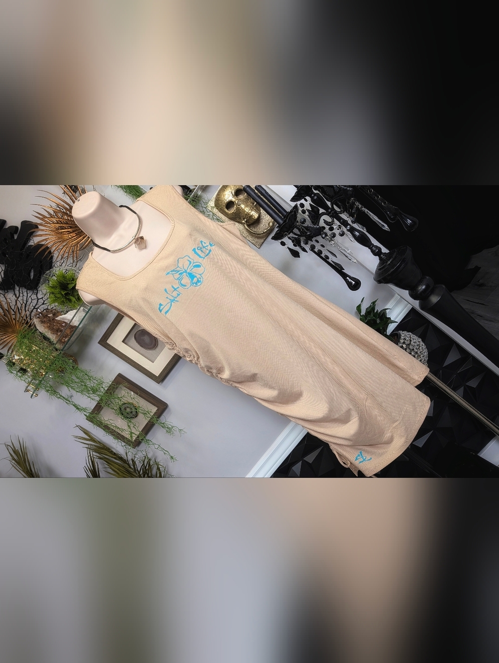 Tan & Teal Orchid Flower Rouched Ribbed Midi Dress XXXL
